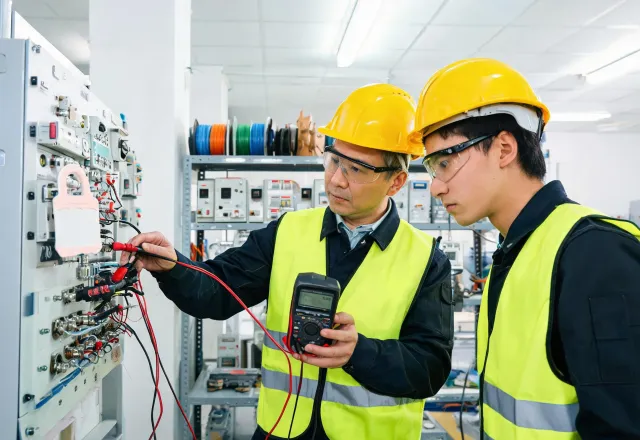 Electrician reviewing safe multimeter probe placement