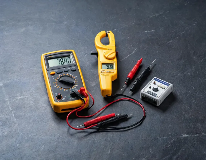 Klein Tools digital multimeter and calibrated test leads on an electrical diagnostics bench